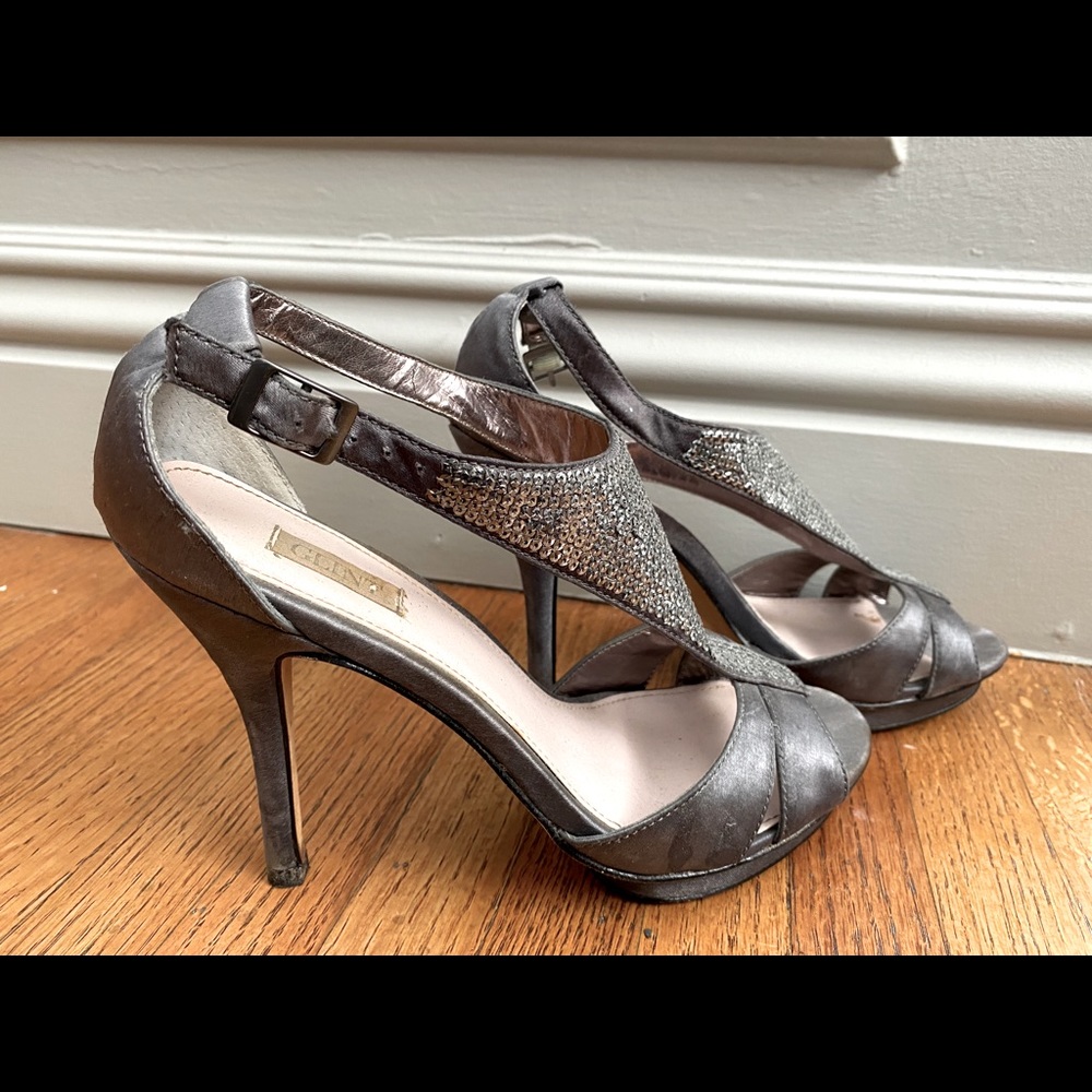 Sequined and Satin Silver Heels